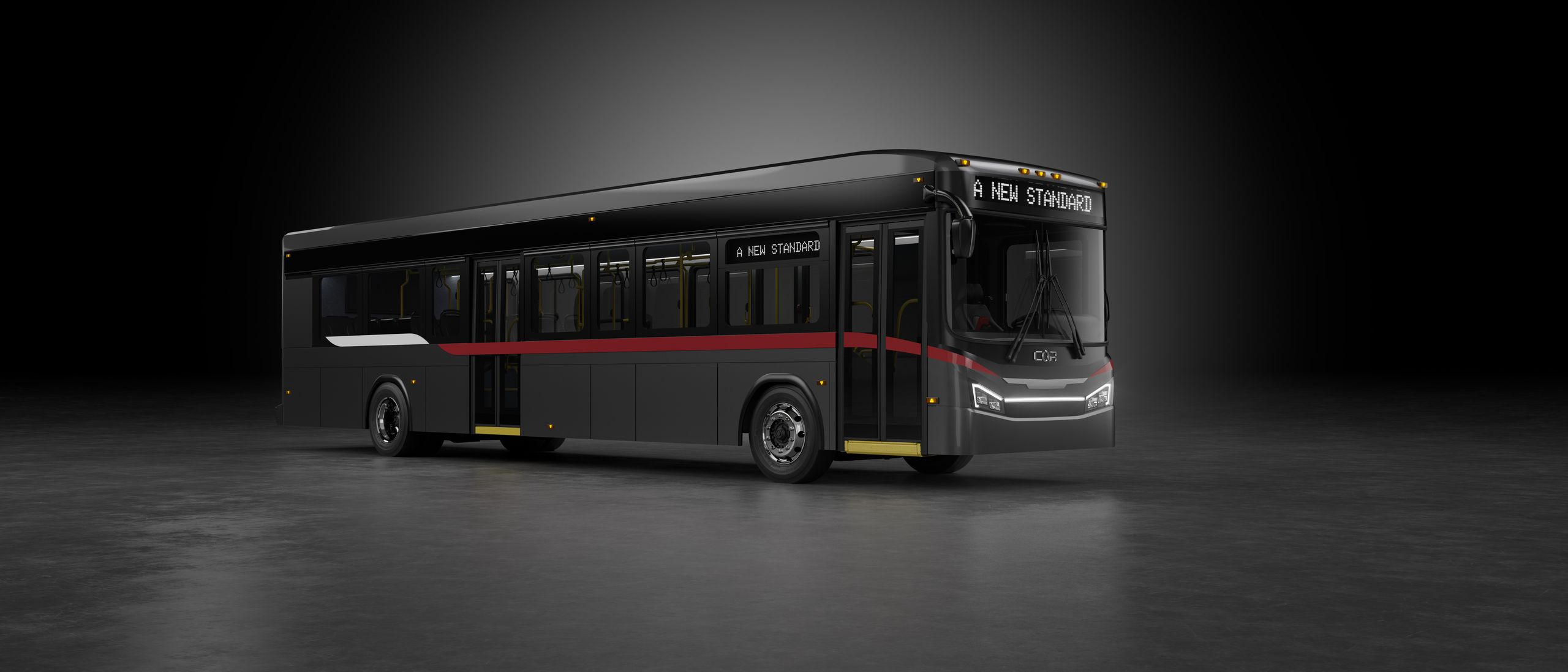The COR Transit 40-foot heavy-duty transit bus, three-quarter front view
