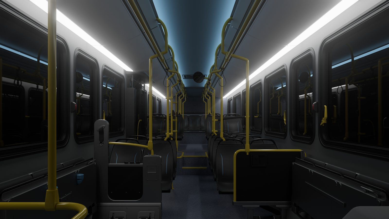 Passenger aisle of the COR Transit bus with LED lighting and yellow grab rails