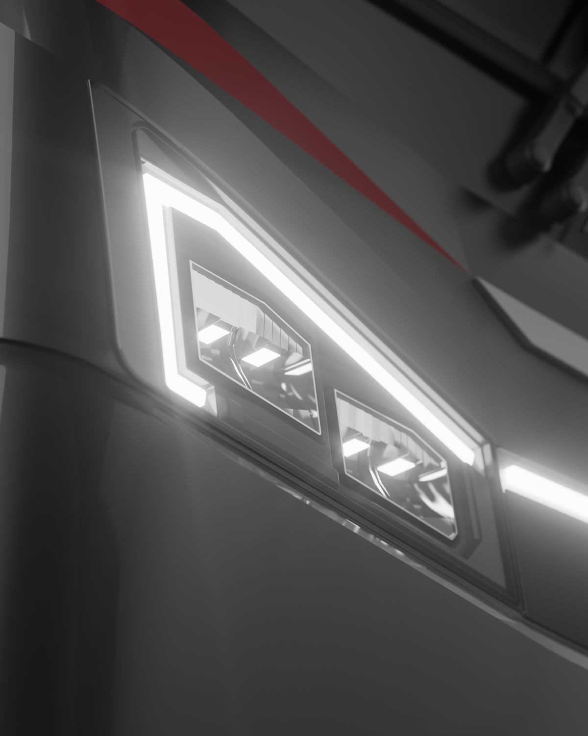 Close-up of the COR Transit headlight and full-width light bar